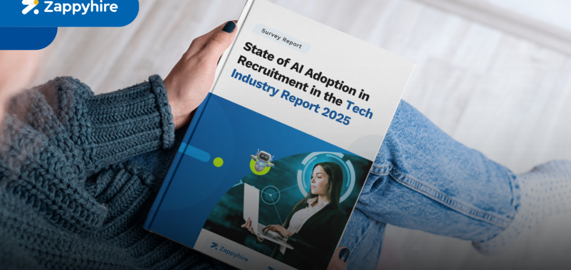 A person holding a printed Zappyhire survey report titled "State of AI Adoption in Recruitment in the Tech Industry Report."