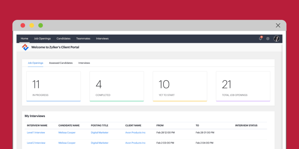 Zoho Recruit's dashboard