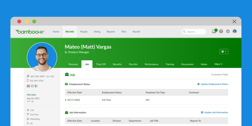 Screengrab of Bamboo HR's dashboard