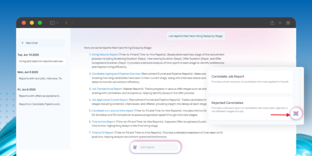 A screen showing Zappyhire's Report finder copilot that will bring up reports when asked in plain English! 
