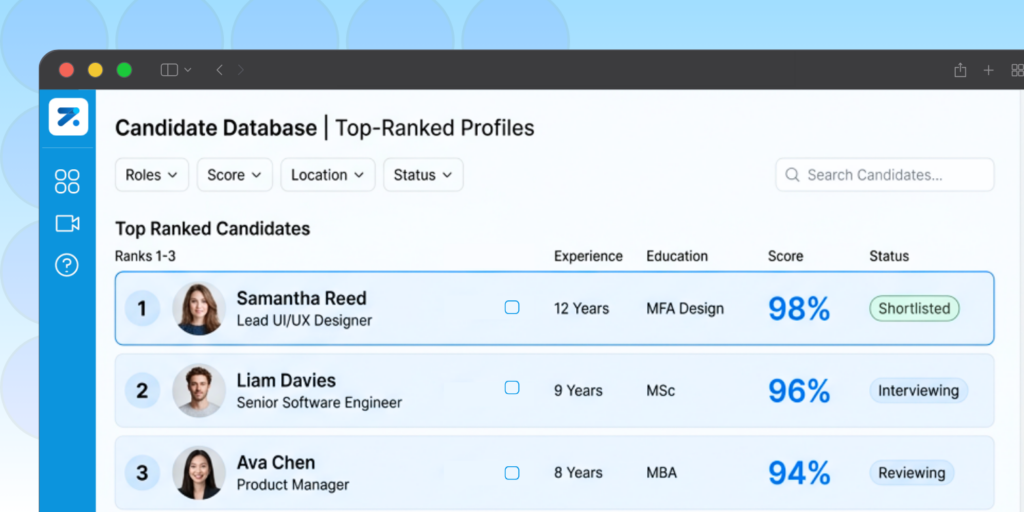 MOCK DASHBOARD OF ZAPPYVUE SHOWING A LIST OF TOP MATCHES
