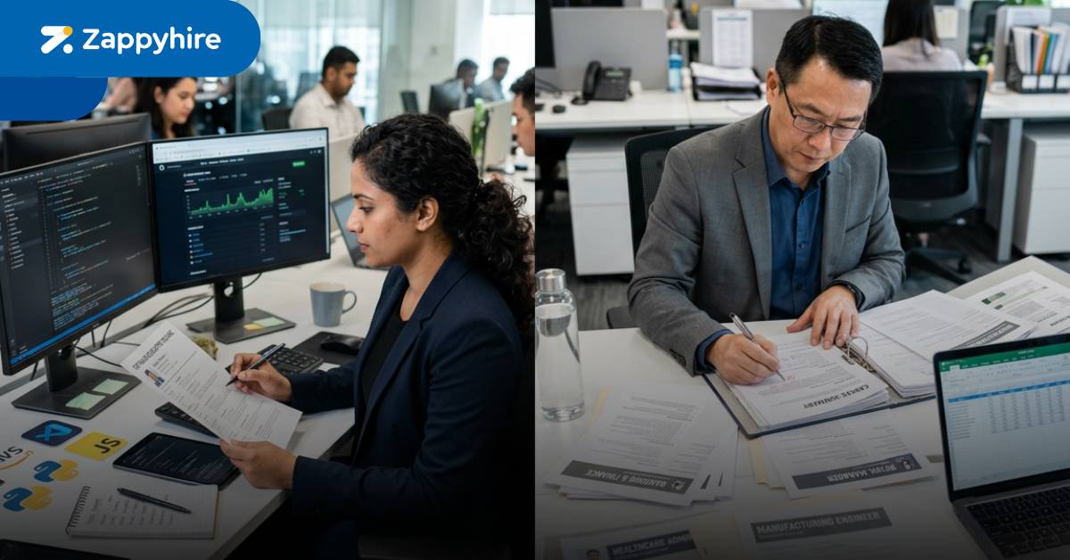 Split screen view of recruiters from different sectors working at their desk.